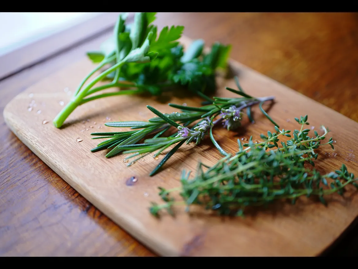 A variety of fresh herbs and green plants arranged on a wooden surface