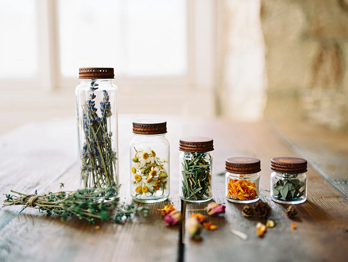 A curated collection of dried herbs and botanical elements in glass jars on a natural surface